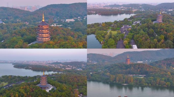 唯美杭州西湖雷峰塔景区大自然风光群山航拍