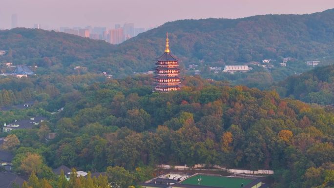 西湖雷峰塔景区大自然风光群山航拍杭州风景