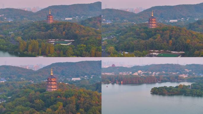 西湖雷峰塔景区大自然风光群山航拍杭州风景