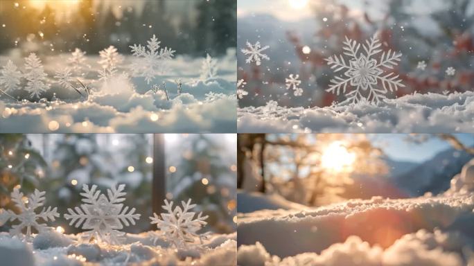 冬天雪花雪景下雪天冰晶雪花特写空镜头唯美