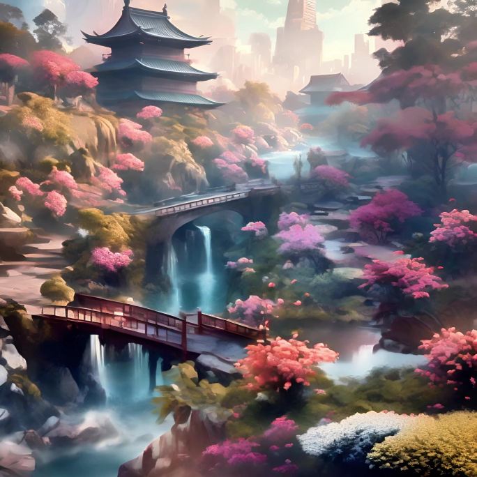 传统中式建筑樱花环绕瀑布石桥水池如画环境