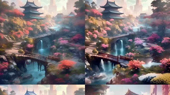 传统中式建筑樱花环绕瀑布石桥水池如画环境