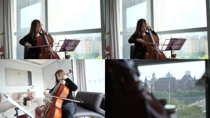 女士练习大提琴样板间内拉提琴高级感镜头