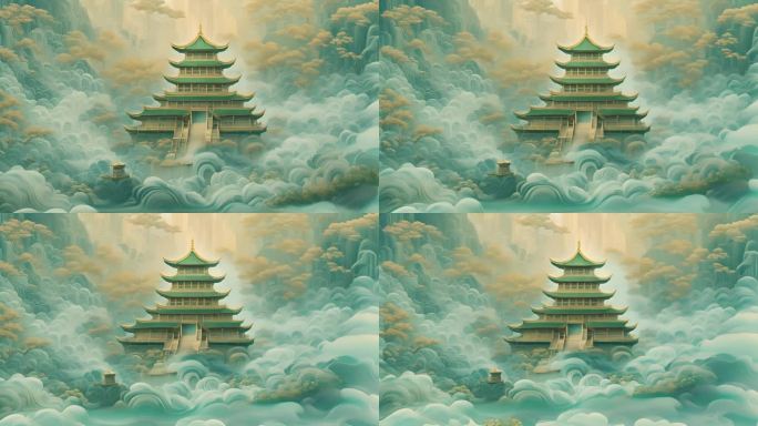 中式水彩画建筑背景倒影