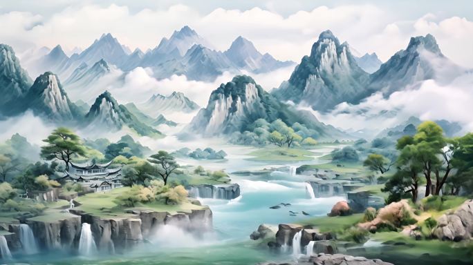 中国画风格的高山流水 水墨世界