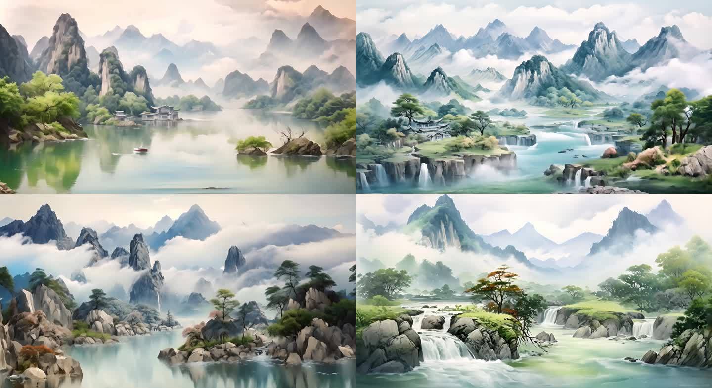 中国画风格的高山流水 水墨世界