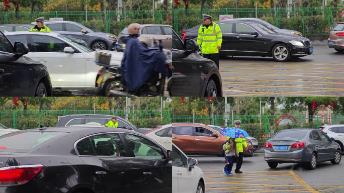 下雨天交警执勤护送学生过马路上学