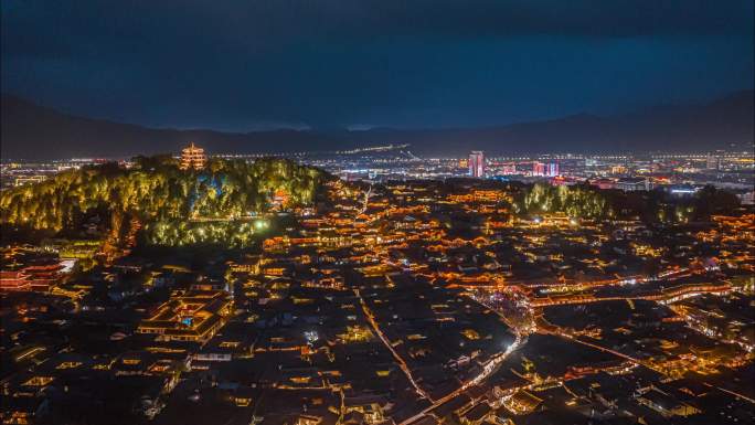 丽江古城夜景全景航拍延时