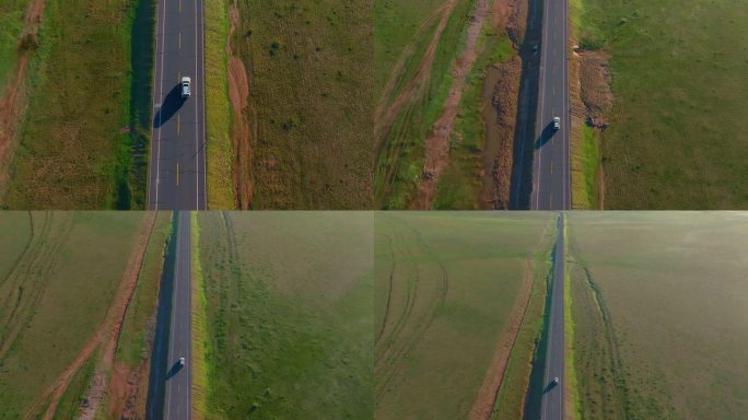 公路行驶车辆航拍动态内蒙古大红山草原
