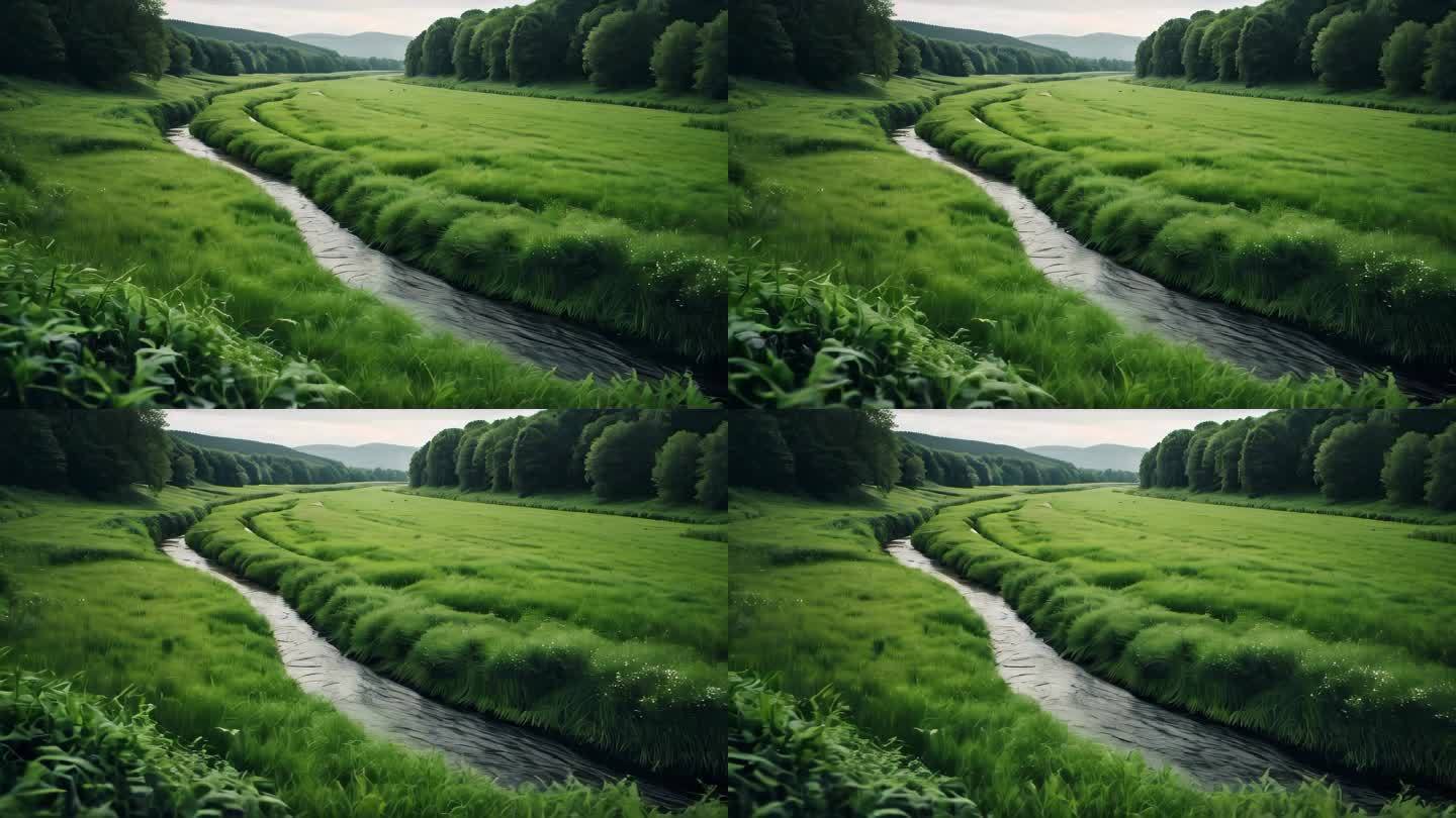 青草草原湿地河道航拍动画