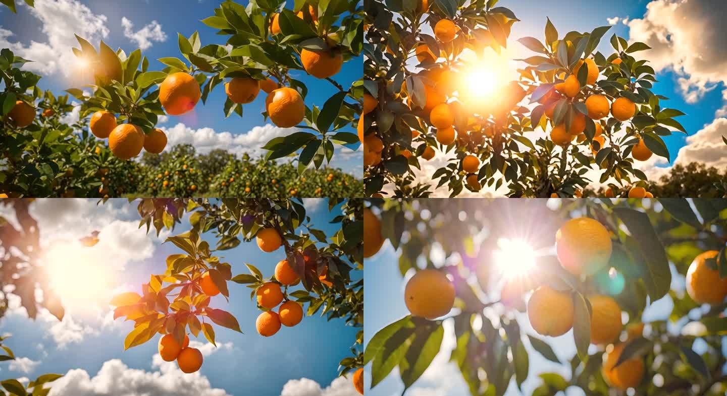 蓝天白云阳光下的橘子树