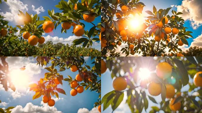 蓝天白云阳光下的橘子树