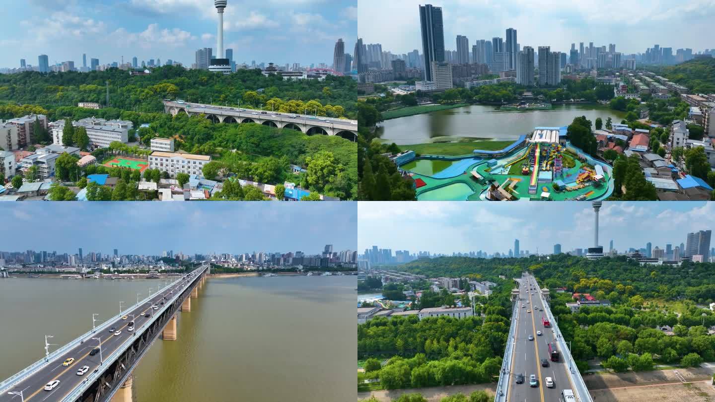 湖北武汉长江大桥航拍车流交通汉阳江滩公园