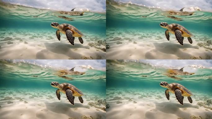 一只小海龟在宁静的海湾中游动