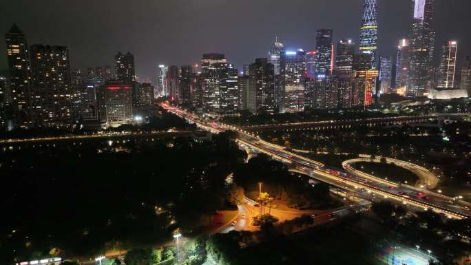 广州大桥海心桥夜景航拍车流交通广州大道夜