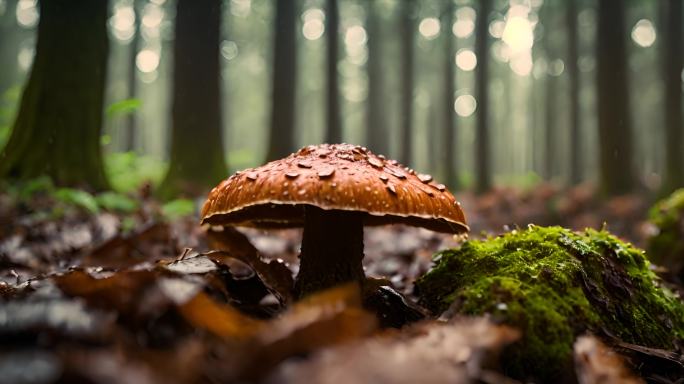 树林雨中的灵芝