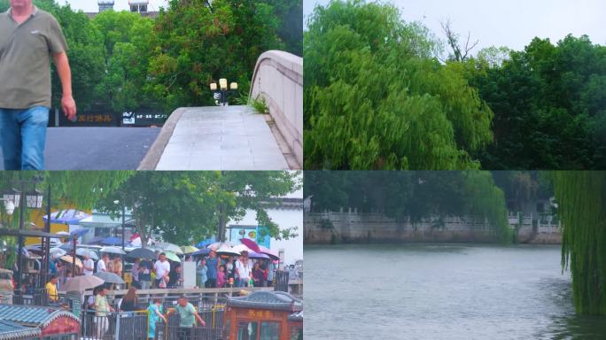 江苏苏州寒山寺江南水乡下雨季游客风景风光