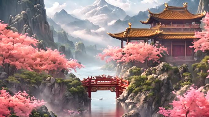 中式汉唐建筑背景桃花