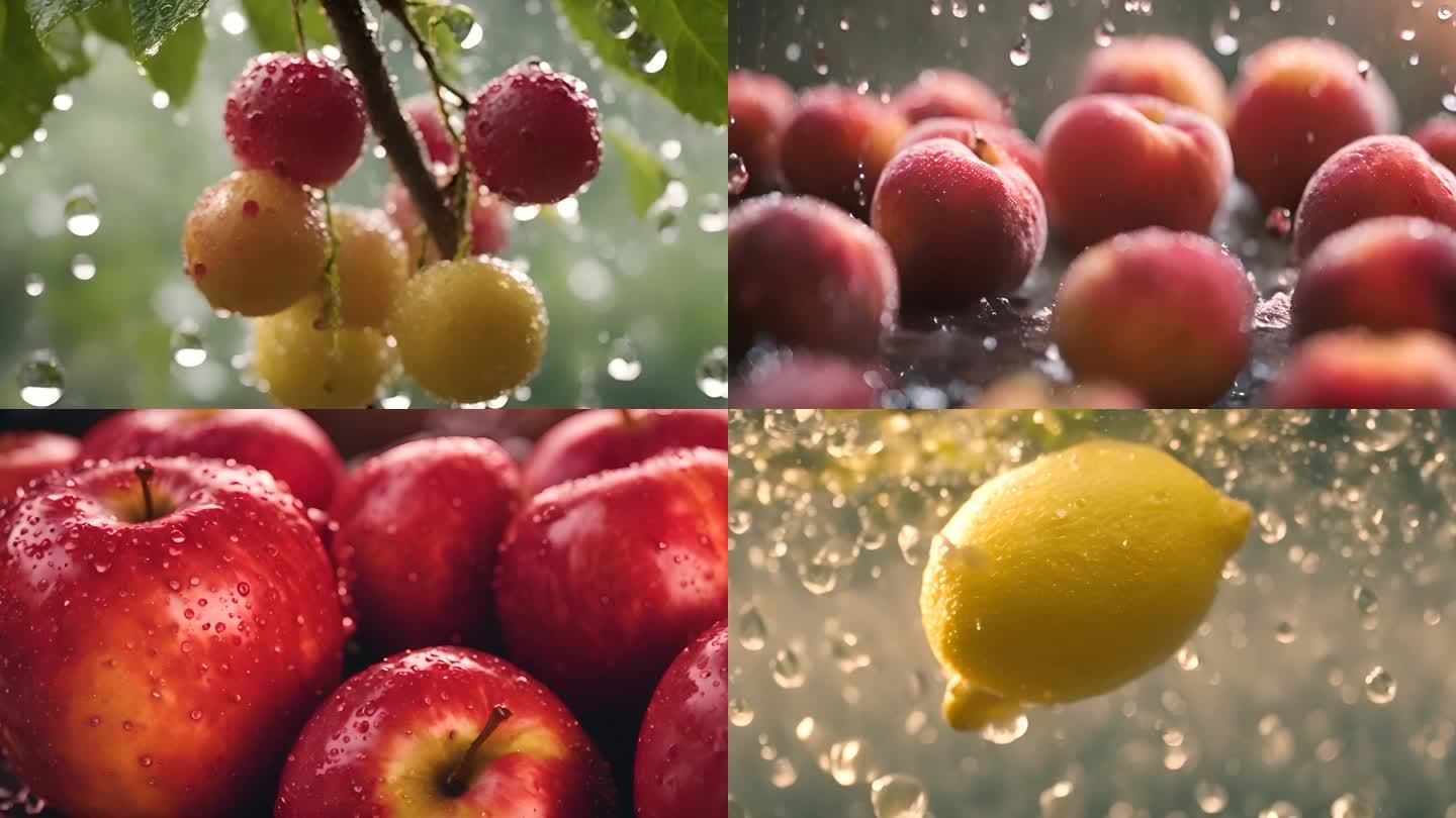 丰收的无公害瓜果水果 桃子 苹果