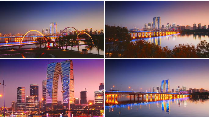 苏州中心金鸡湖东方之门延时夜景4k航拍