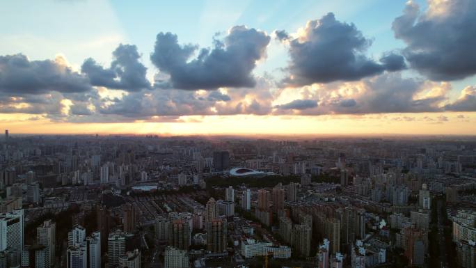 上海虹口足球场日落晚霞全景大气航拍长镜头