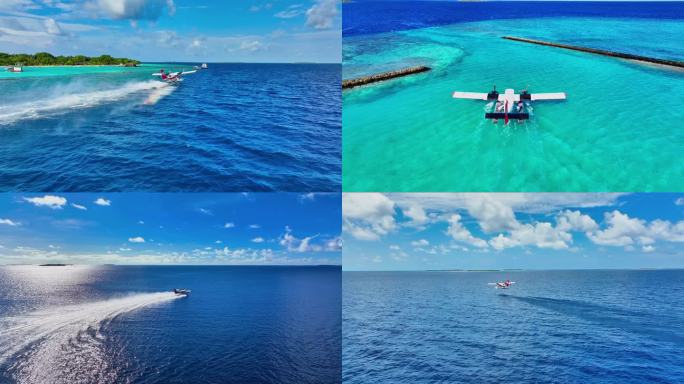 马尔代夫水上飞机的鸟瞰图海水中起飞合集