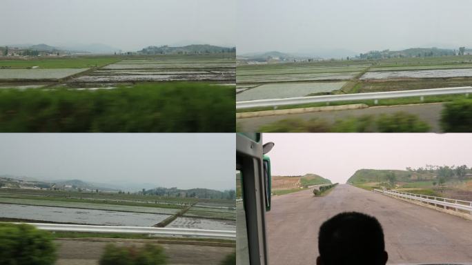 朝鲜平壤到开城路上的朝鲜农村春耕景色