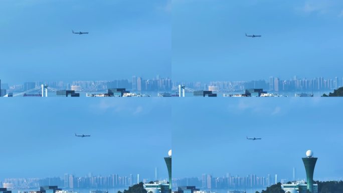 飞机飞过厦门城市上空航拍