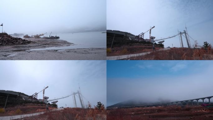 流雾中的渔港在建大桥货港延时