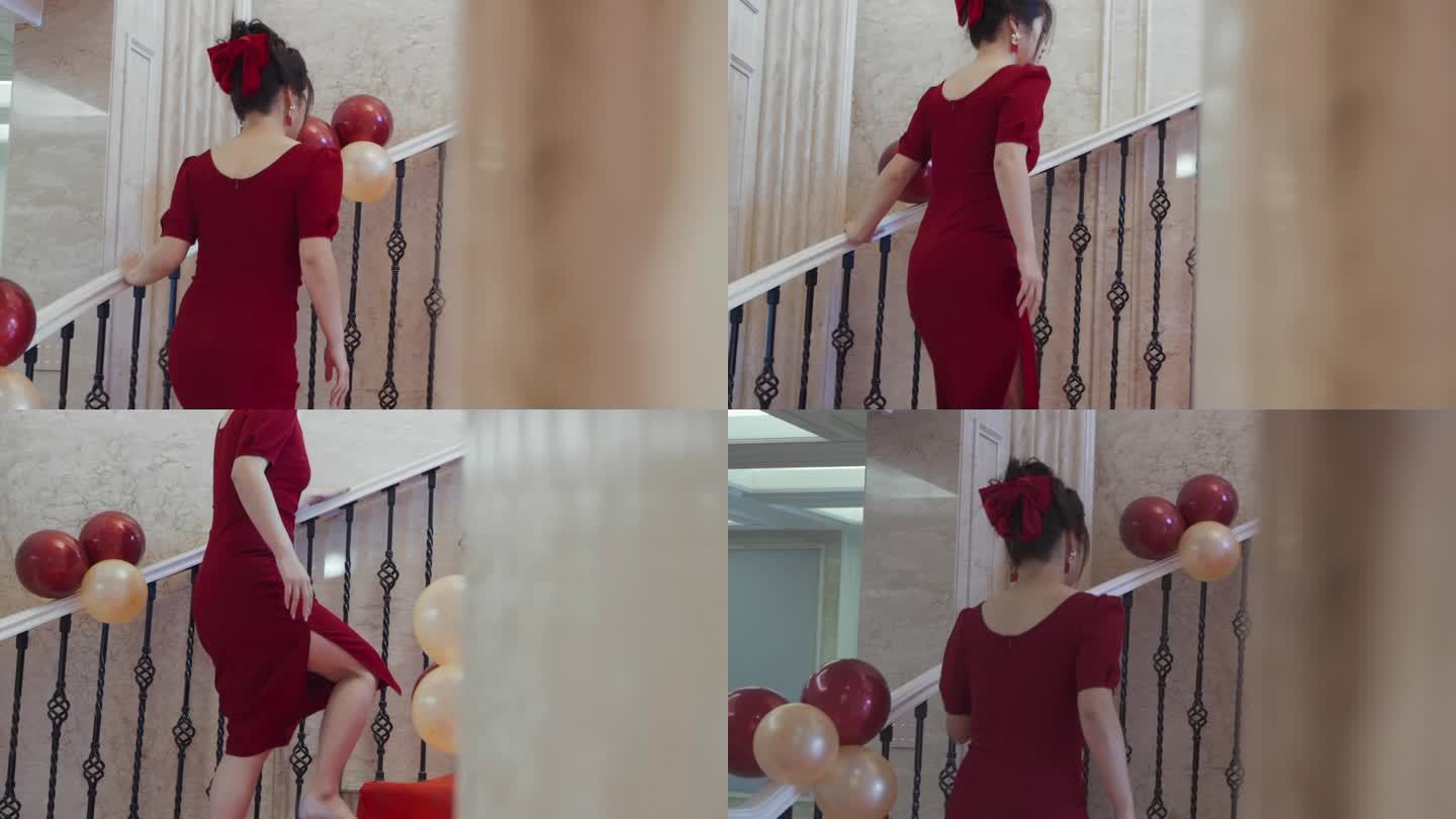 女人背影走楼梯红色衣服
