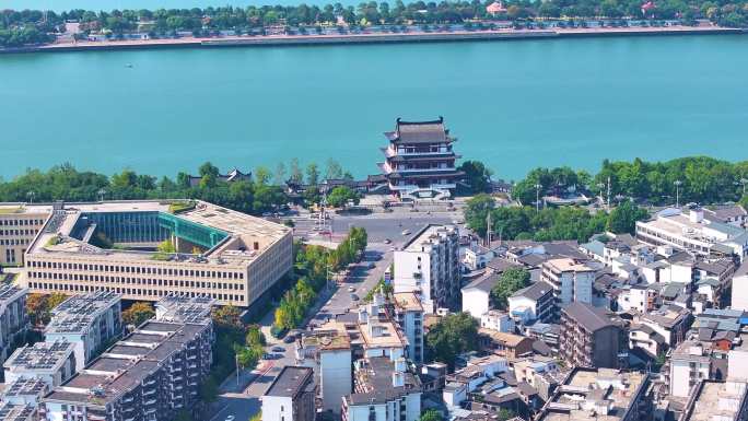 湖南长沙湘江杜甫江阁茶馆航拍城市地标风景