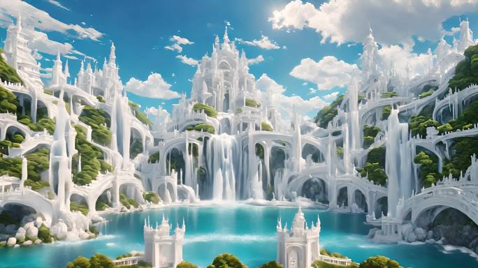 未来科幻城堡白色建筑瀑布
