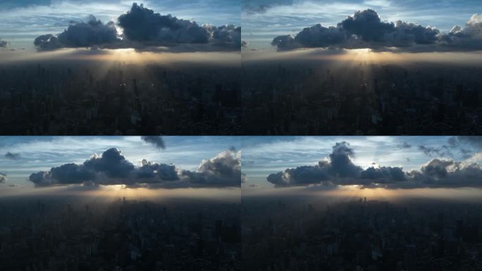 上海城市绝美耶稣光穿过云层航拍延时