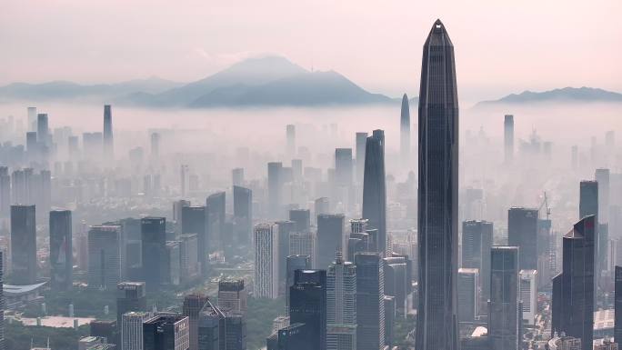 航拍深圳城市天际线低空平流雾