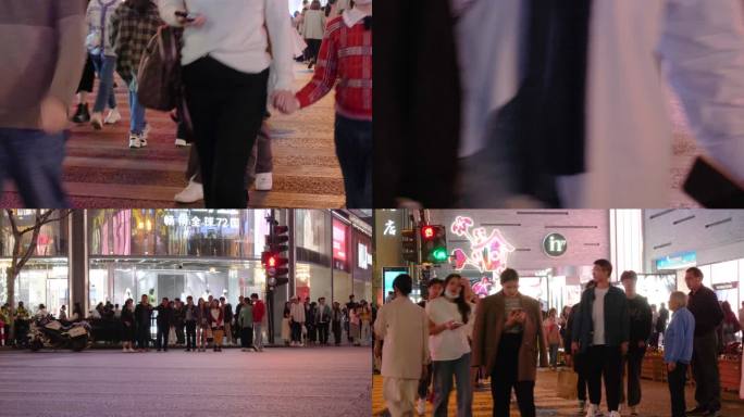 杭州城市夜晚行人过马路车流人流脚步