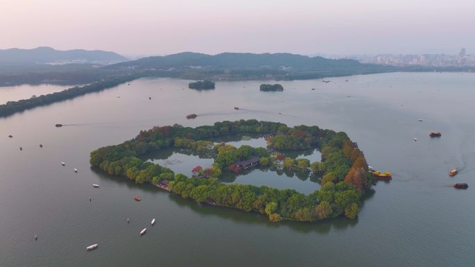 杭州西湖景区三潭印月小瀛洲航拍风景大自然