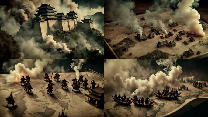 中国古代战争 古老的地图  燃烧 交战