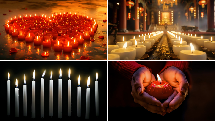 红白蜡烛燃烧浪漫烛火手捧蜡烛寺庙感恩祈福
