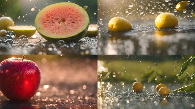 成熟瓜果水果在水中 阳光 水滴 苹果
