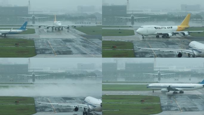 雨天机场飞机吹起水花起飞波音747吹水