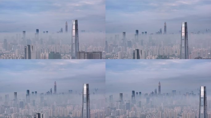 航拍深圳地标建筑与平流雾