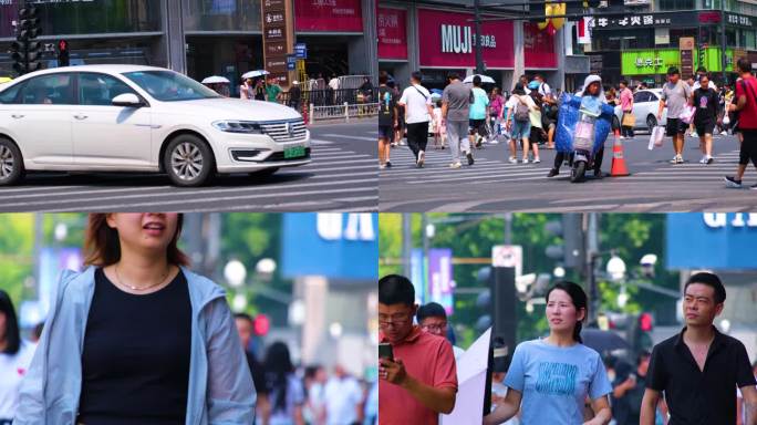 城市夏天暑假酷暑高温炎热街道行人过马路人