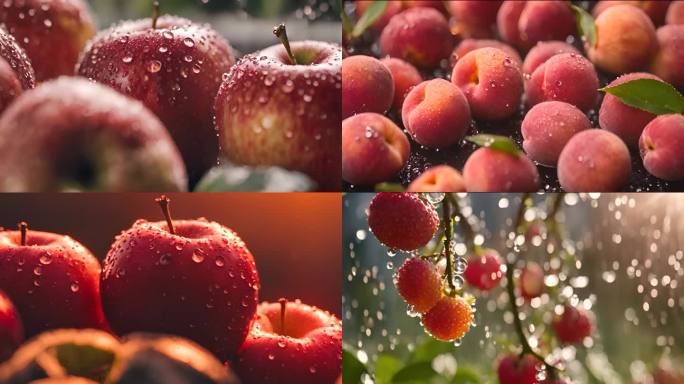桃子 苹果 水果在阳光下 水滴 雨露