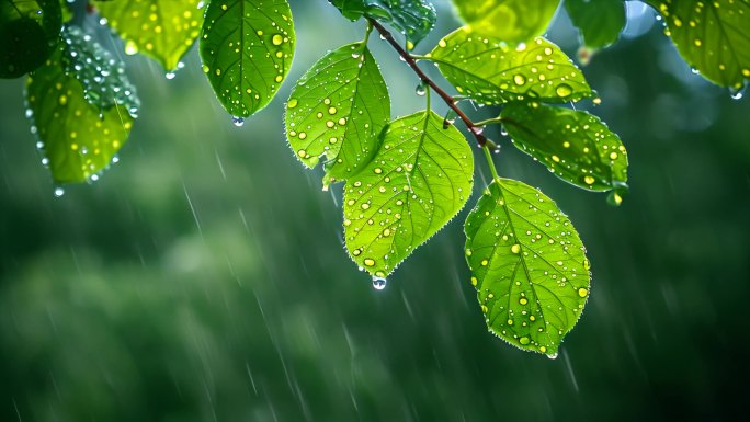 下雨天树叶子雨露露水雨滴唯美ai素材春天