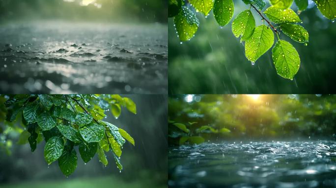 下雨天树叶子雨露露水雨滴唯美ai素材春天