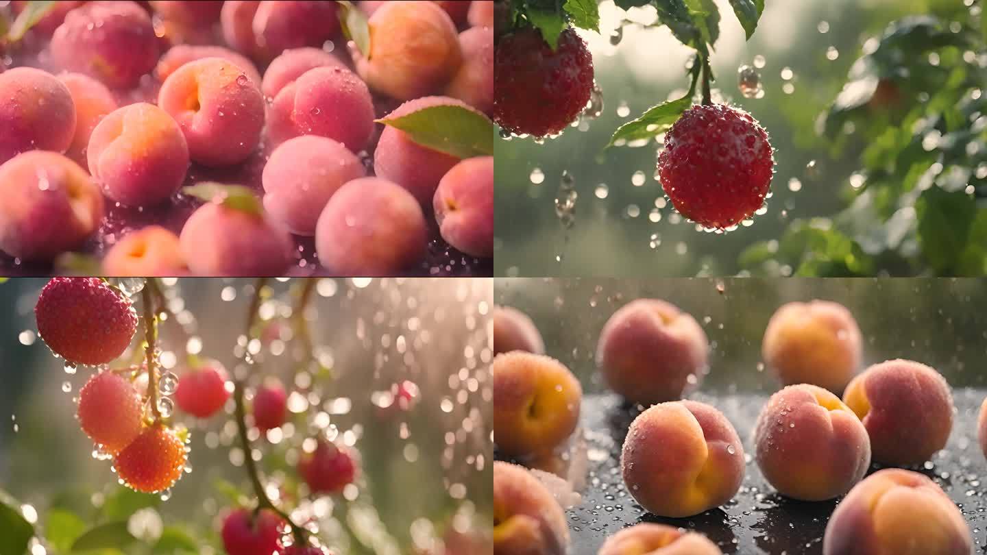 桃子 苹果 水果果实在雨水中 阳光下