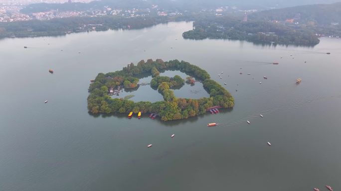 杭州西湖景区三潭印月小瀛洲航拍风景大自然