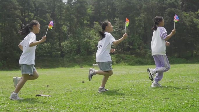 小孩子草地奔跑 拿风车奔跑 六一儿童节