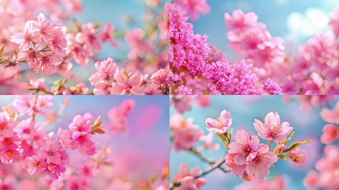 桃花树与山峦天空相映成趣形成壮丽风景画2