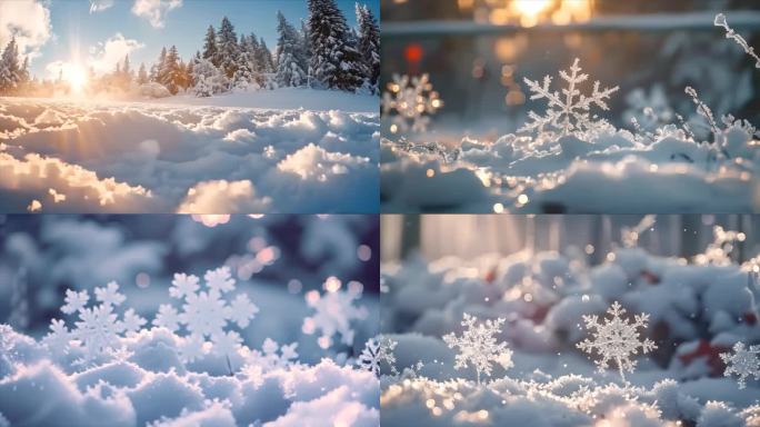 冬天雪花雪景下雪天冰晶雪花特写空镜头唯美